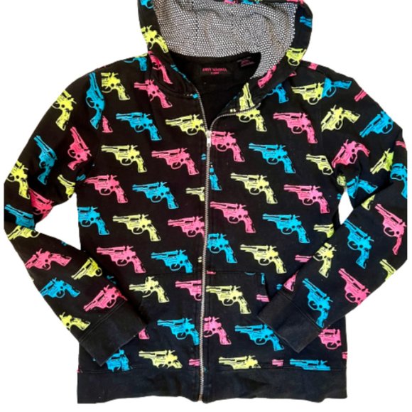 Andy Warhol Jackets & Blazers - ANDY WARHOL Black Neon Pink Revolver Gun Graphic Print Zip Up Hoodie Jacket XL